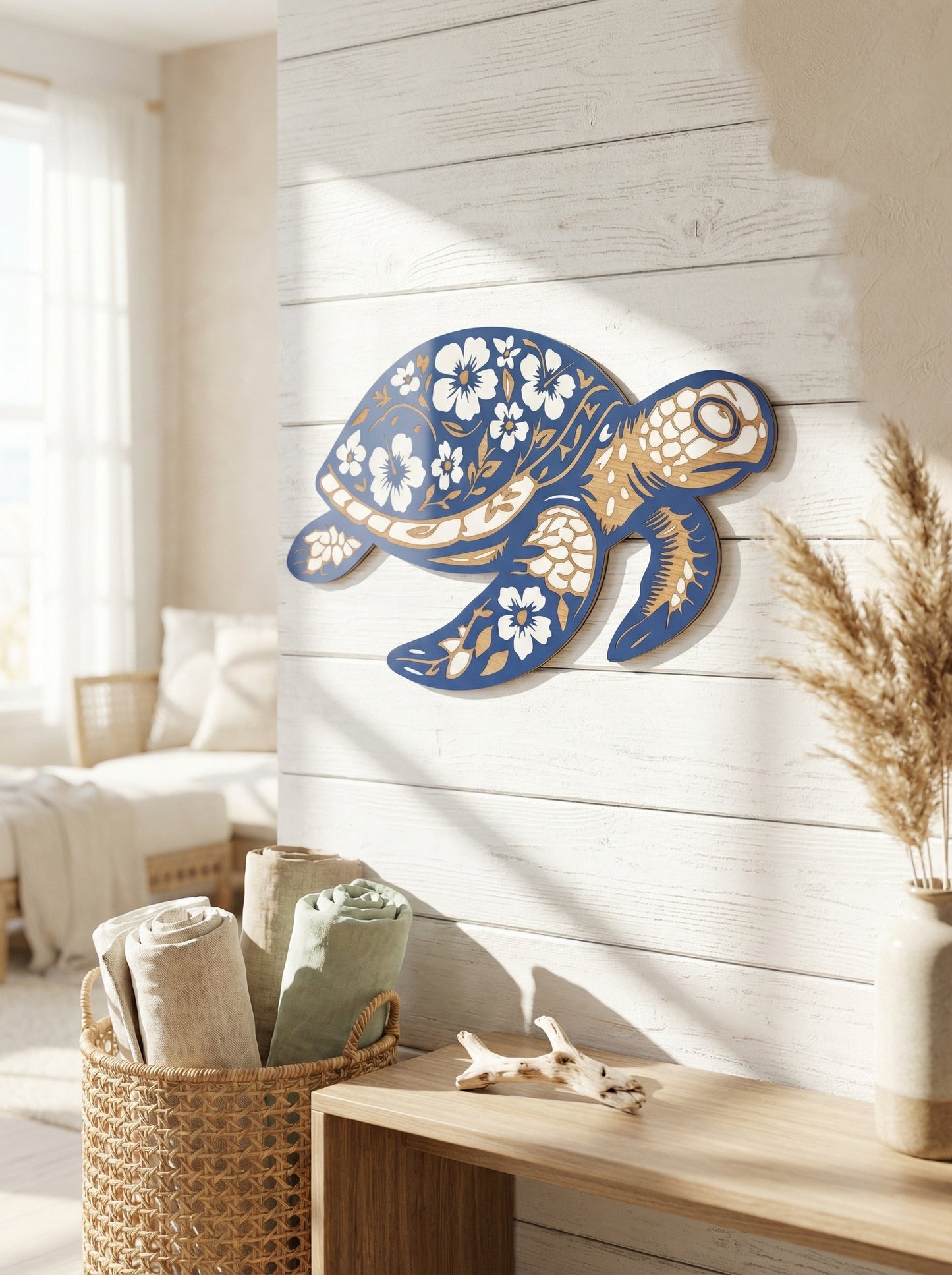 Mandala Sea Turtle Wall Display- Wood and Acrylic (Blue Outline)