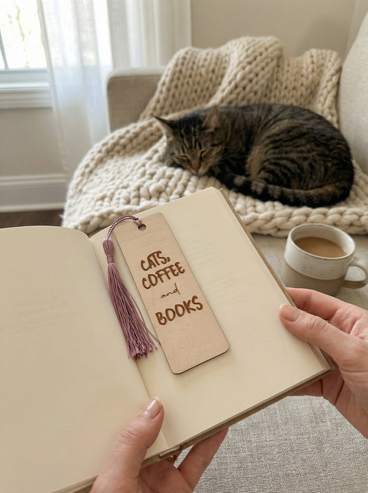 Cats, Coffee and Books Wood Bookmark