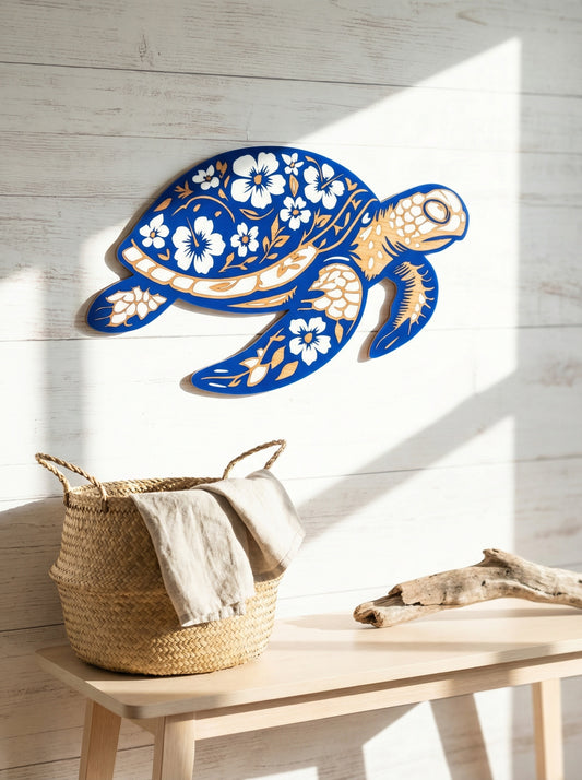 Mandala Sea Turtle Wall Display- Wood and Acrylic (Blue Outline)
